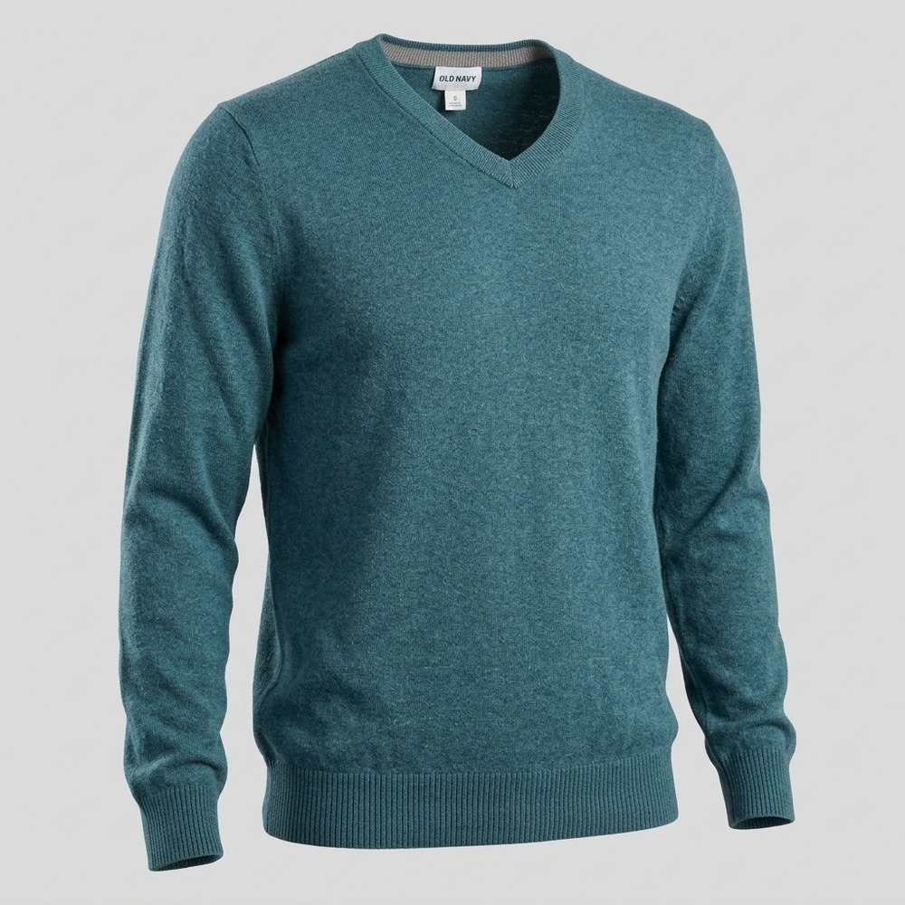 Old Navy Mens Large Teal Blue Cotton V-Neck Pullover Sweater Heathered Classic